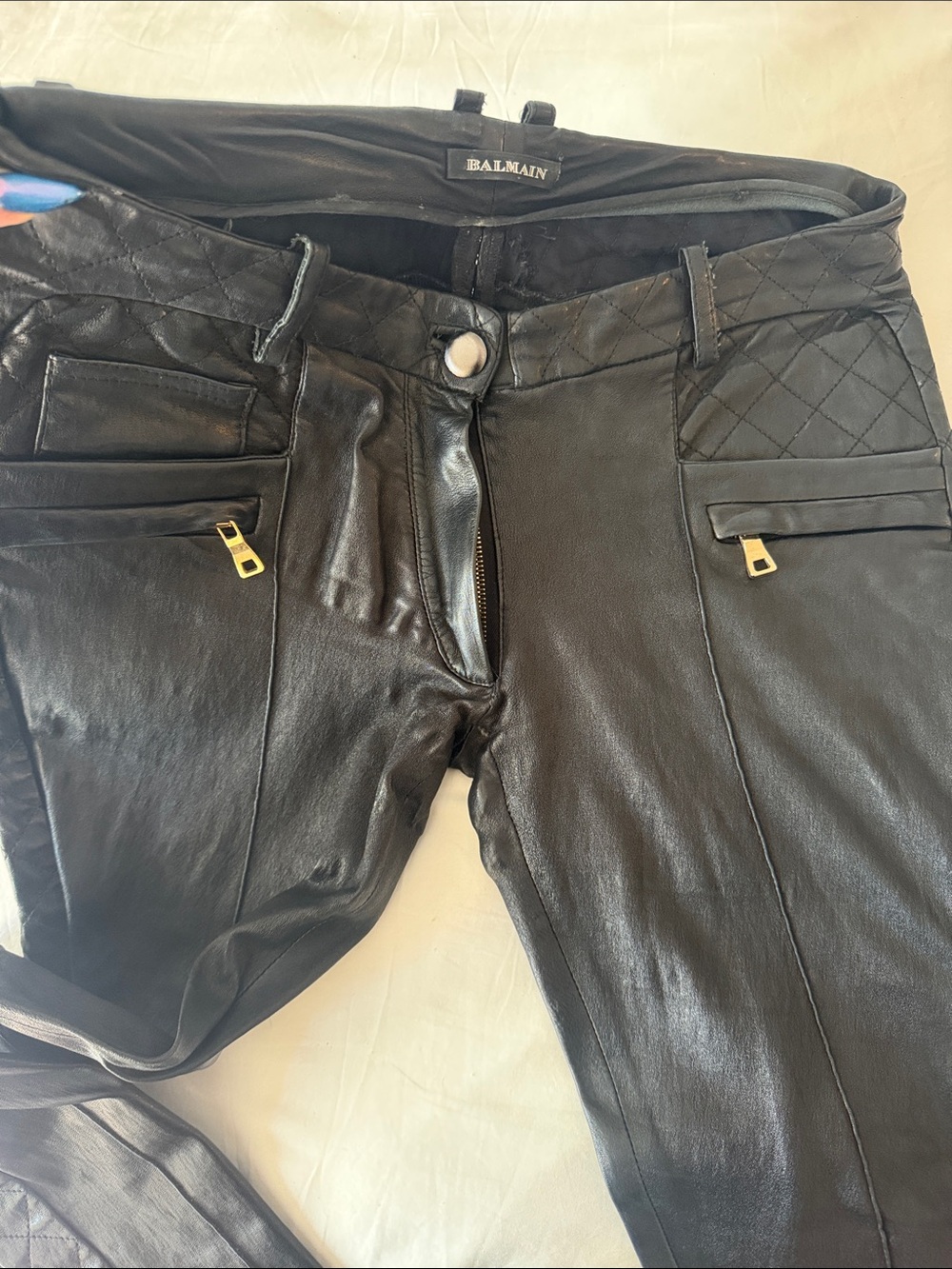 Balmain Black Quilted Leather Skinny Jeans with Gold Hardware